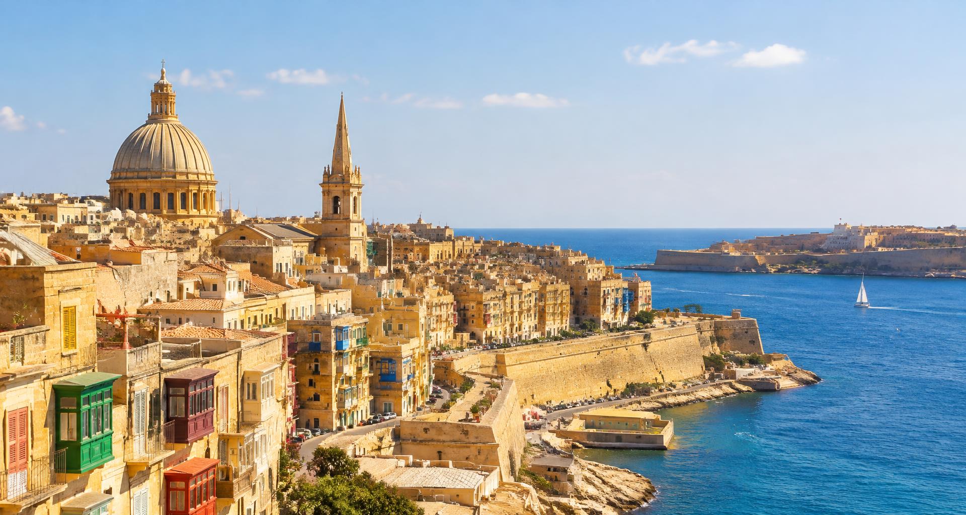Sunlit Valletta coastline overlooking Malta’s Mediterranean harbour